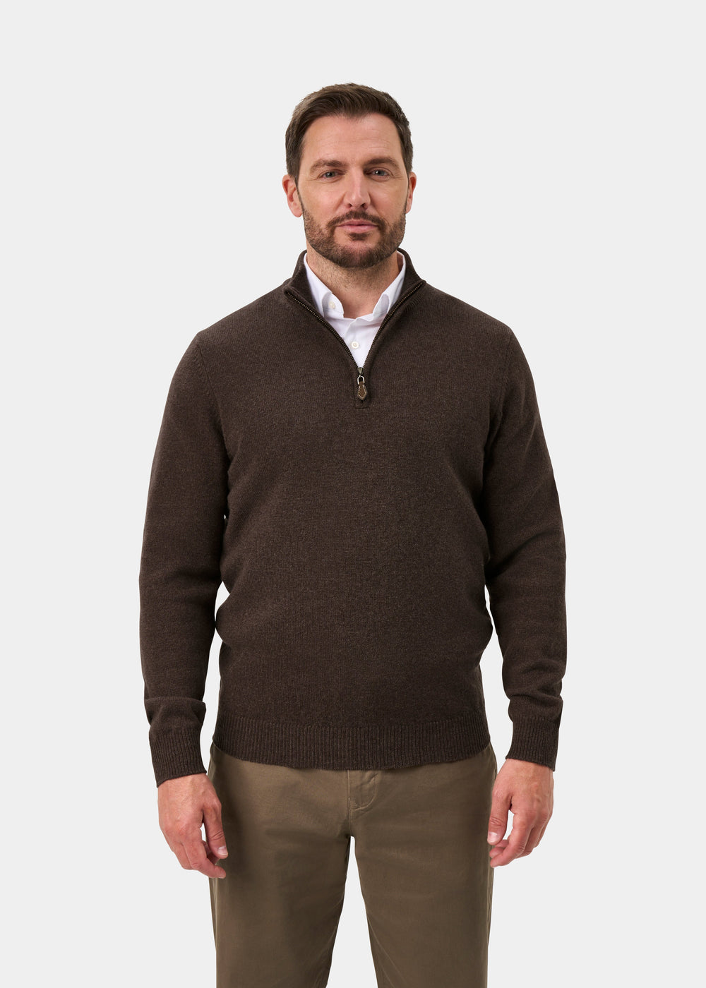 Sutherland Lambswool Quarter Zip Jumper In Mocha - Regular Fit
