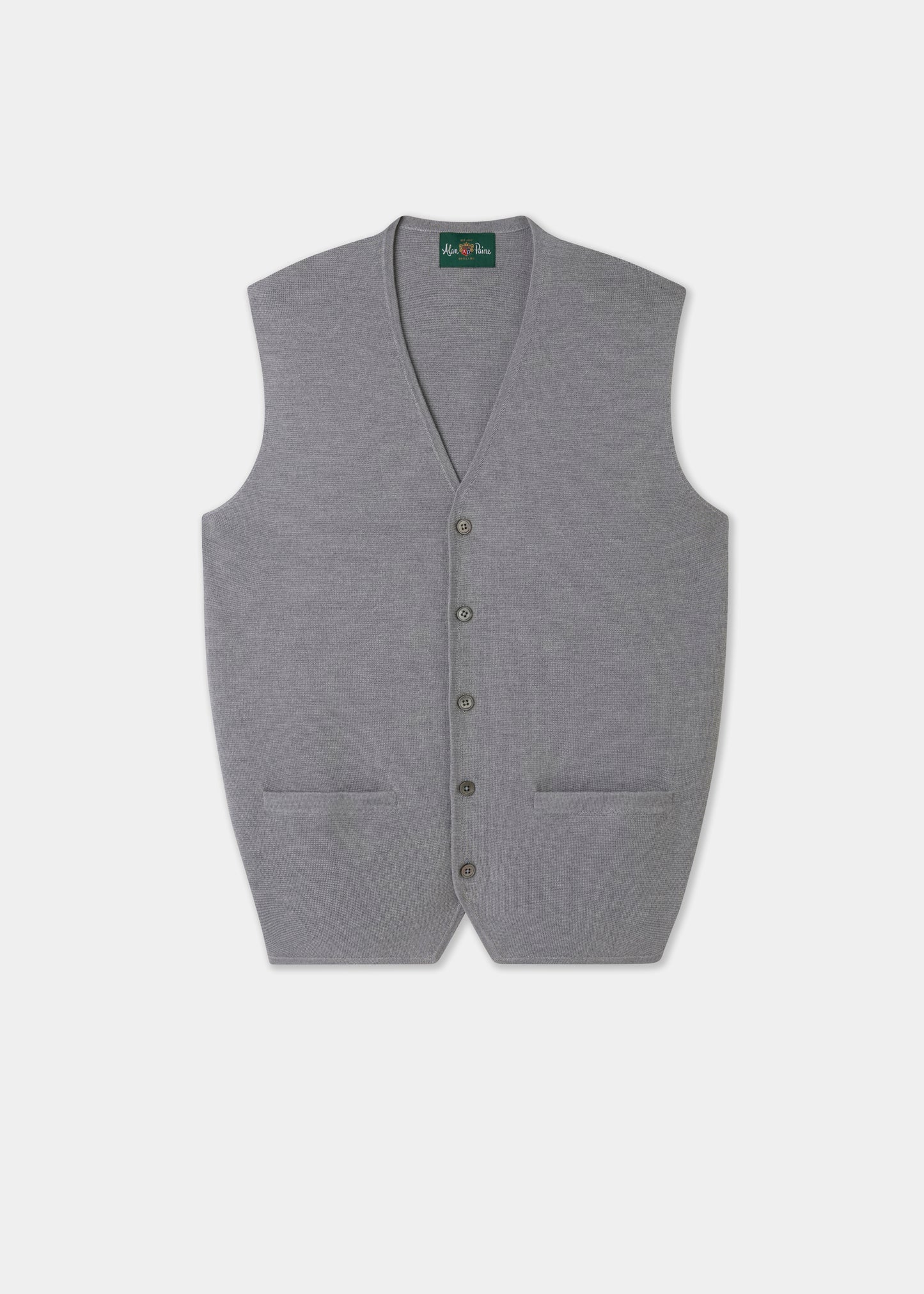 Grey waistcoat with button details on a white background