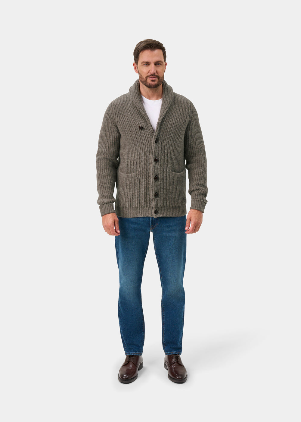 Usworth Men's Shawl Collar Lambswool Jumper In Vole - Regular Fit