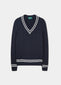 dark navy cable knit cricket jumper with vee neck.