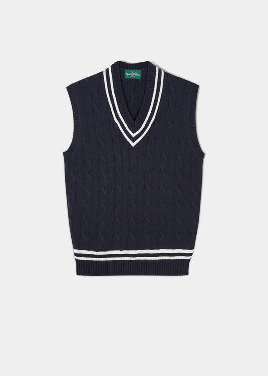 Men's cable knit cricket slipover in dark navy with an ecru trim