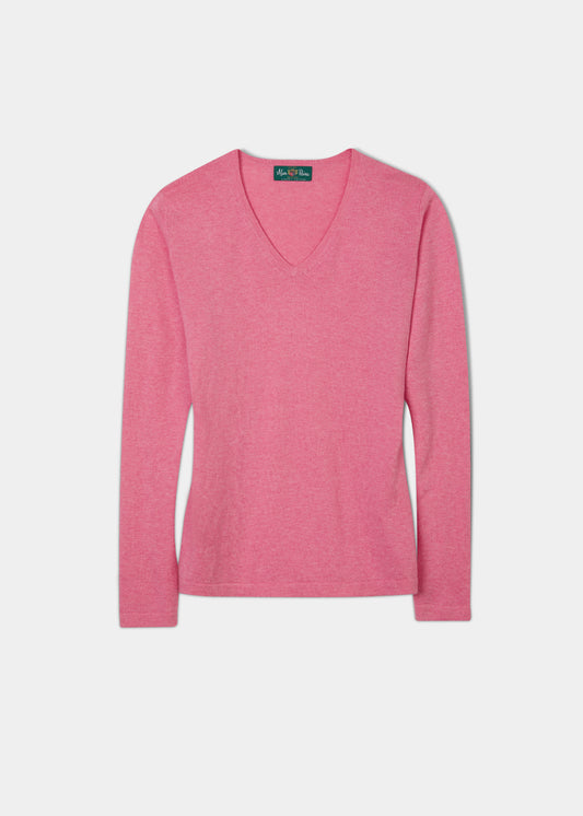 Ladies cotton cashmere jumper in colourway sand with a vee neck