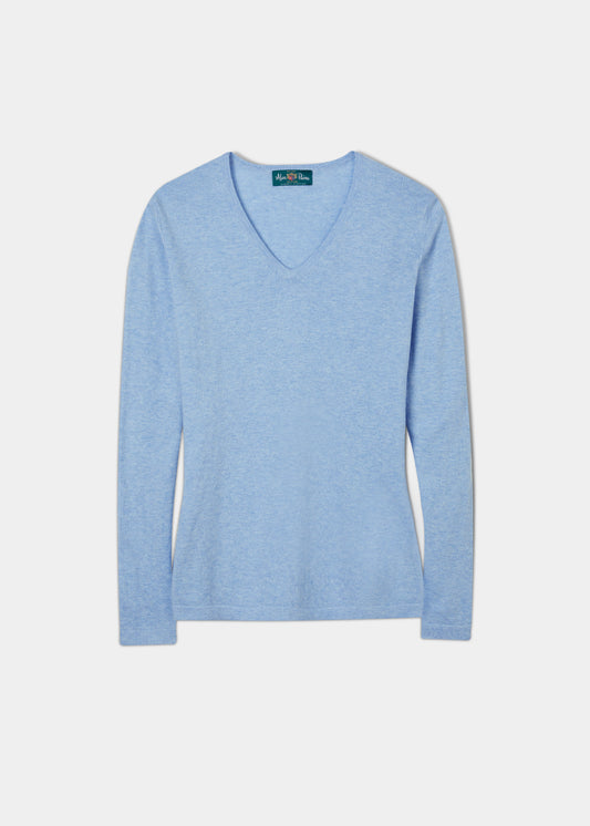 Ladies cotton cashmere jumper in colourway carnation with a vee neck