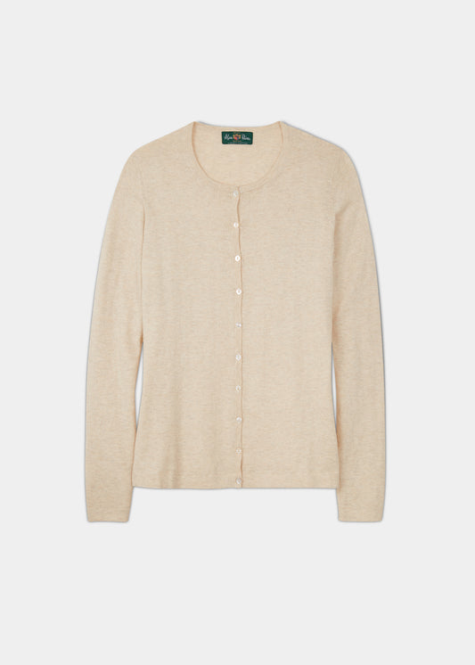 ladies cotton cashmere cardigan in colourway sand with a crew neck