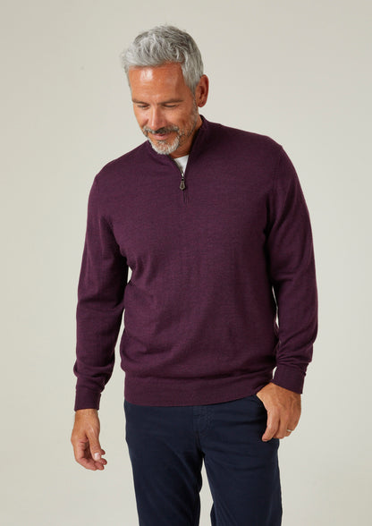 Barton Merino Wool 1/4 Zip Mock Jumper in Black Grape - Regular Fit