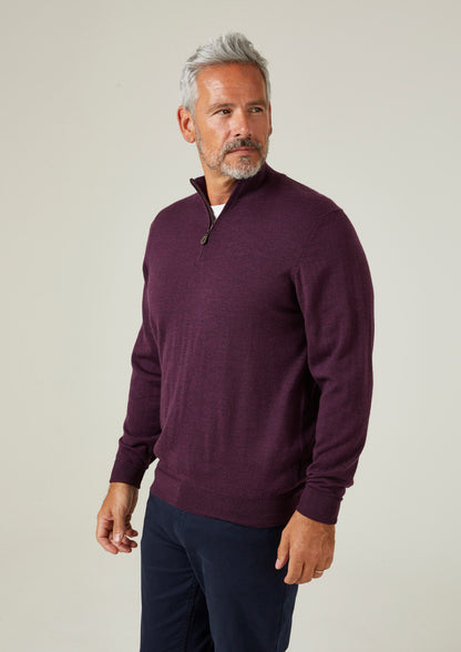 Barton Merino Wool 1/4 Zip Mock Jumper in Black Grape - Regular Fit