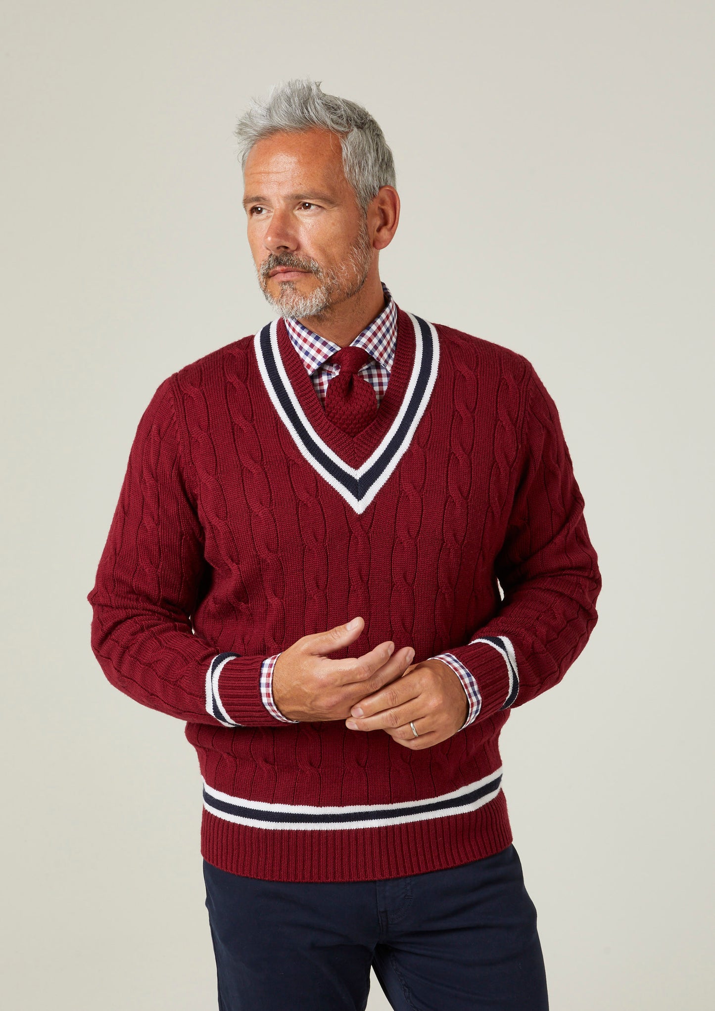Grafton Men's Merino Wool Cable Cricket Jumper In Bordeaux - Regular Fit