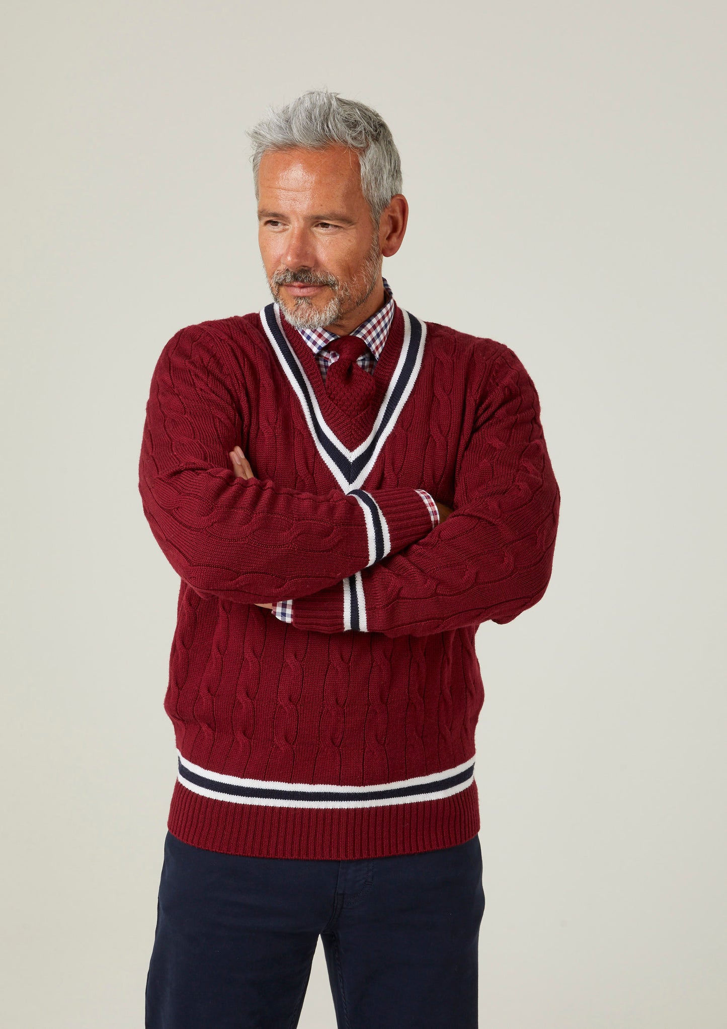 Grafton Men's Merino Wool Cable Cricket Jumper In Bordeaux - Regular Fit