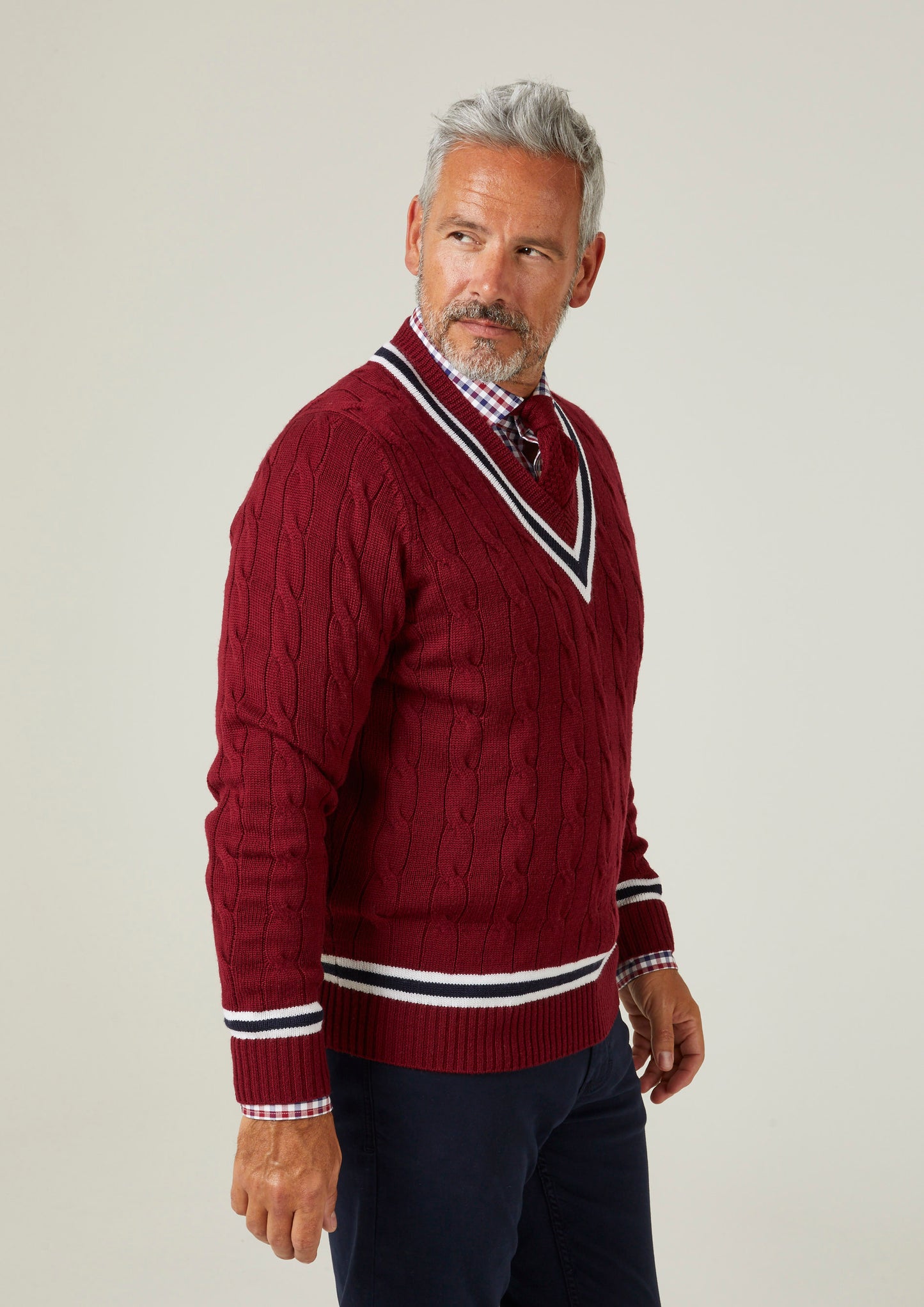 Grafton Men's Merino Wool Cable Cricket Jumper In Bordeaux - Regular Fit