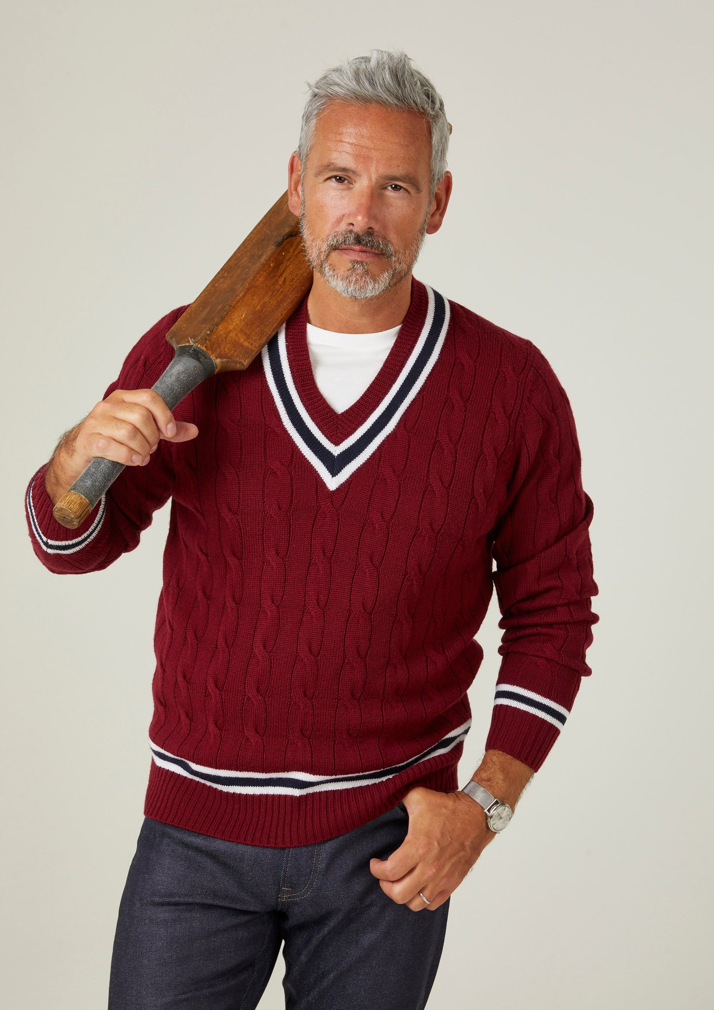 Grafton Men's Merino Wool Cable Cricket Jumper In Bordeaux - Regular Fit