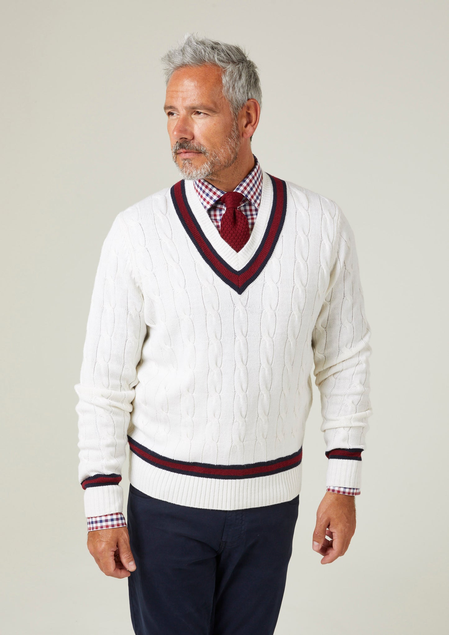 Grafton Men's Merino Wool Cable Cricket Jumper In Ecru and Bordeaux - Regular Fit