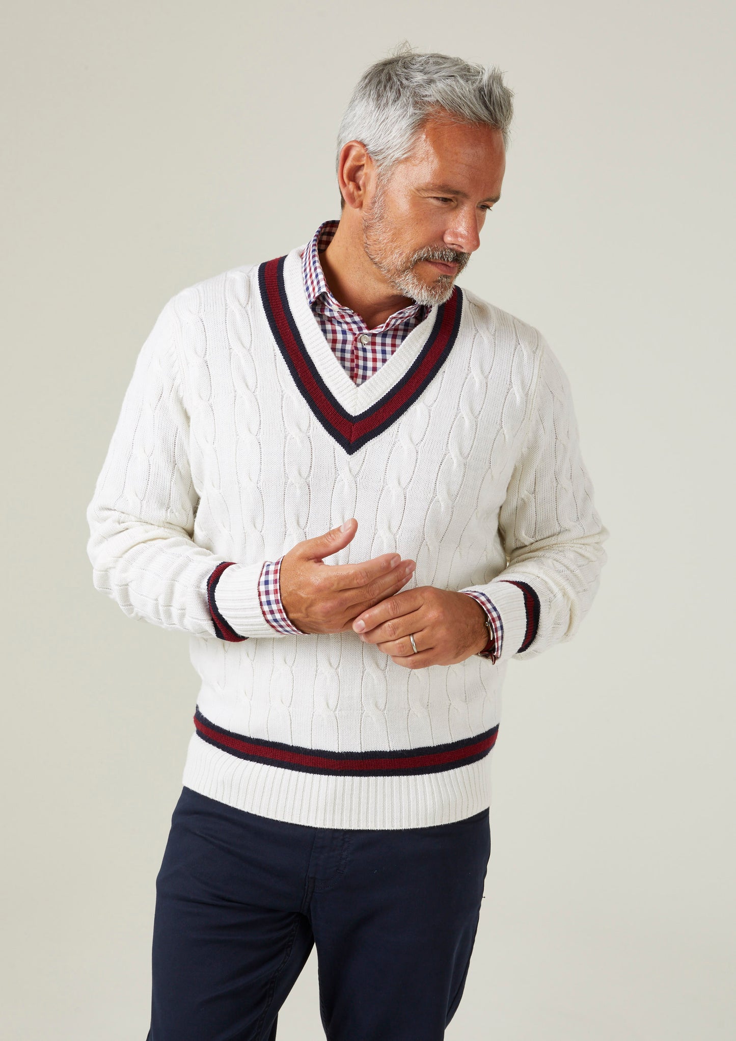 Grafton Men's Merino Wool Cable Cricket Jumper In Ecru and Bordeaux - Regular Fit