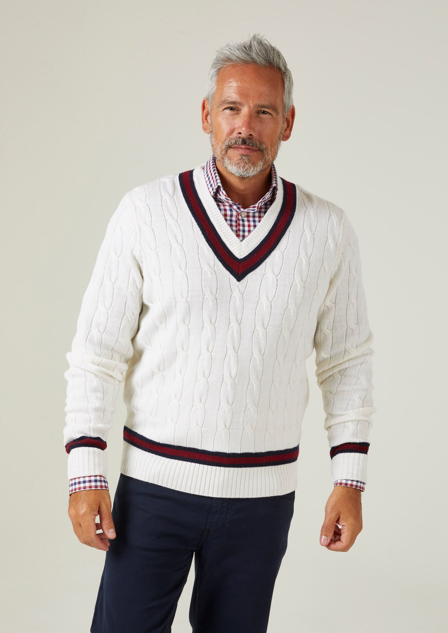 Grafton Men's Merino Wool Cable Cricket Jumper In Ecru and Bordeaux - Regular Fit