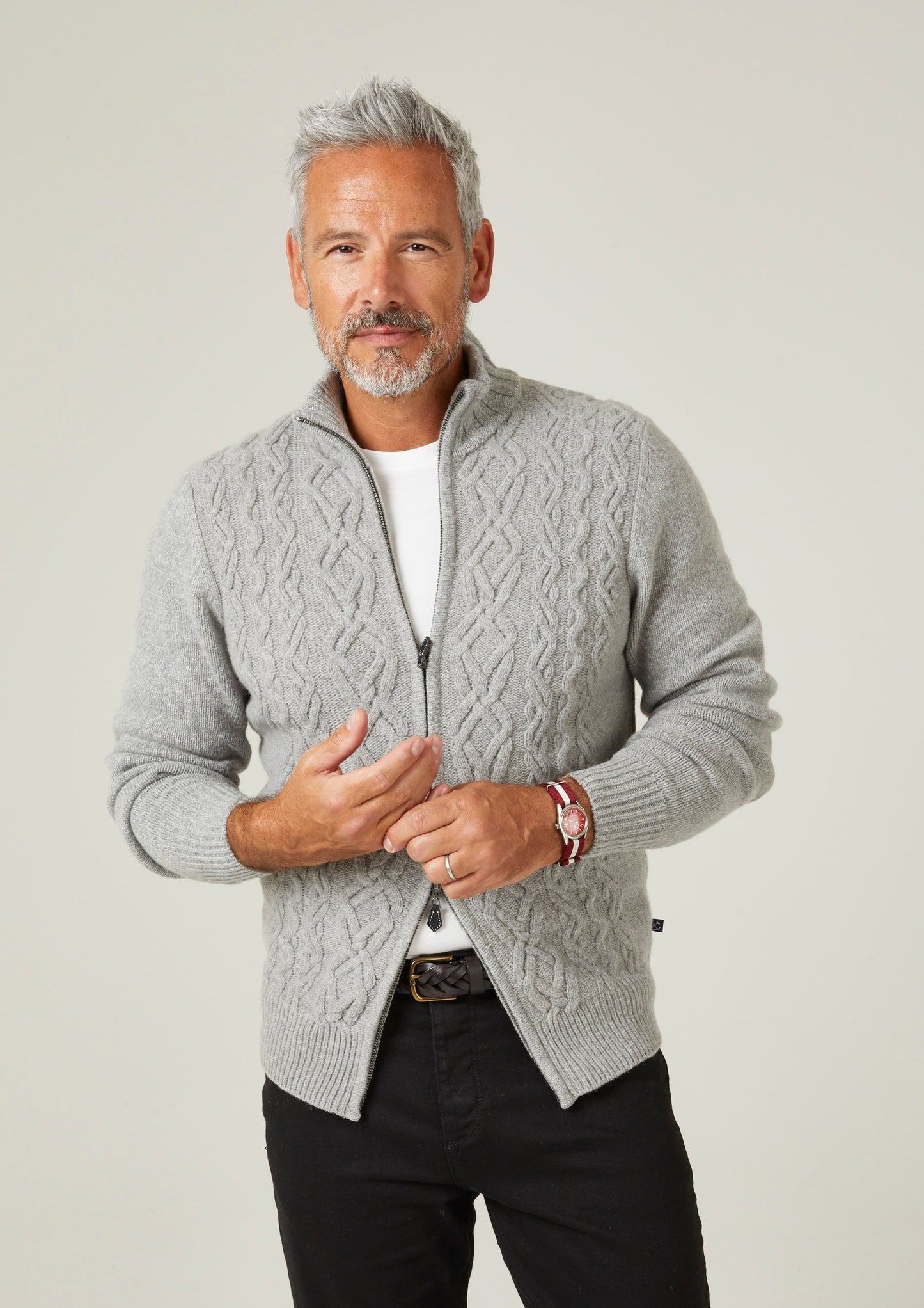 Ickleford Zipped Jumper With Cable Front In Silver - Regular Fit