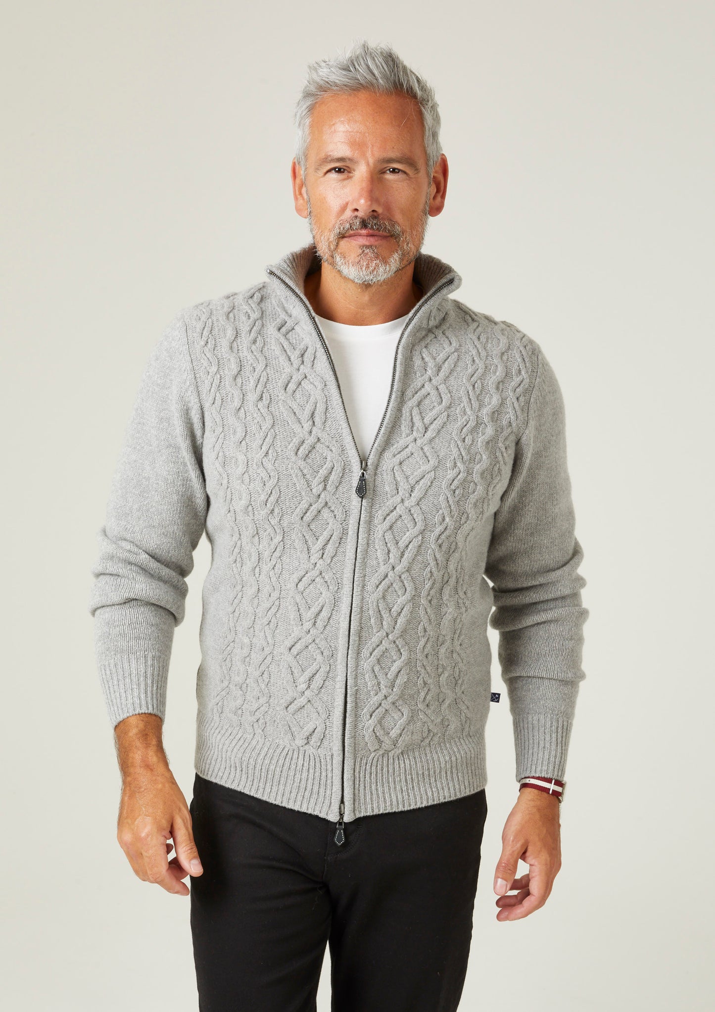 Ickleford Zipped Jumper With Cable Front In Silver - Regular Fit