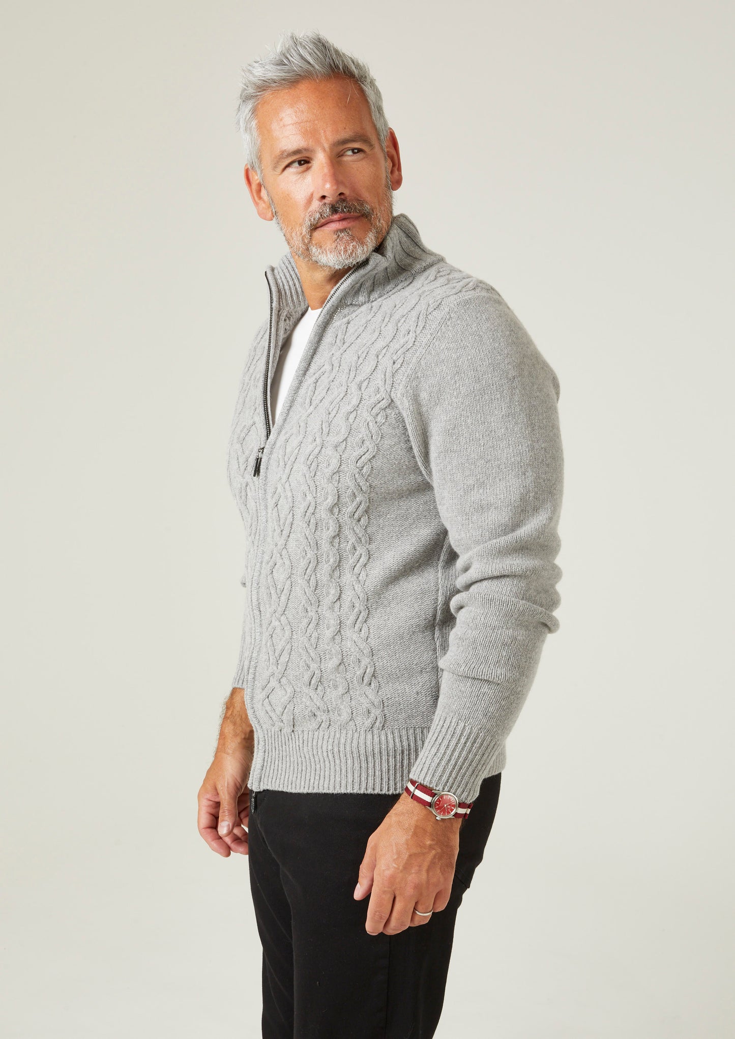 Ickleford Zipped Jumper With Cable Front In Silver - Regular Fit