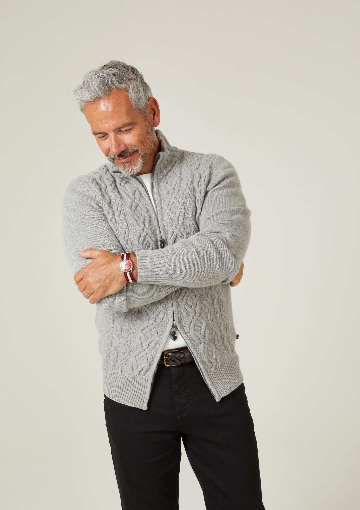 Ickleford Zipped Jumper With Cable Front In Silver - Regular Fit