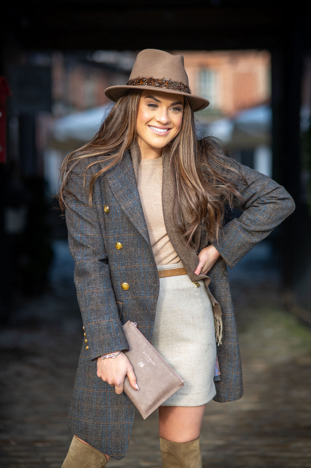Surrey Ladies Double Breasted Tweed Coat In Taupe - Regular Fit