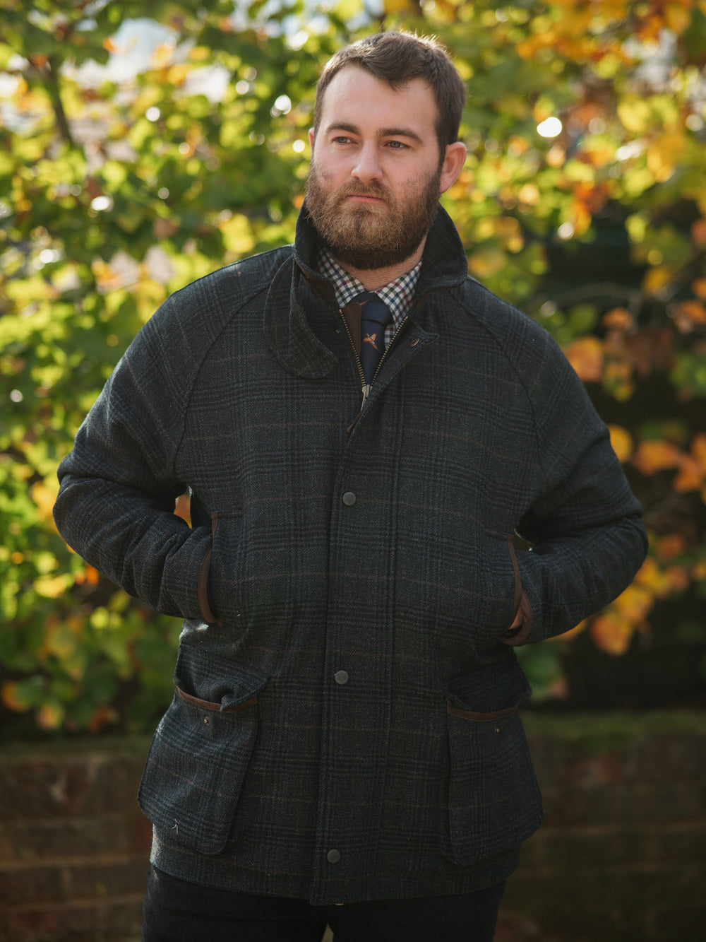 Surrey Men's Tweed Waterproof Coat in Green Check  -  Shooting Fit