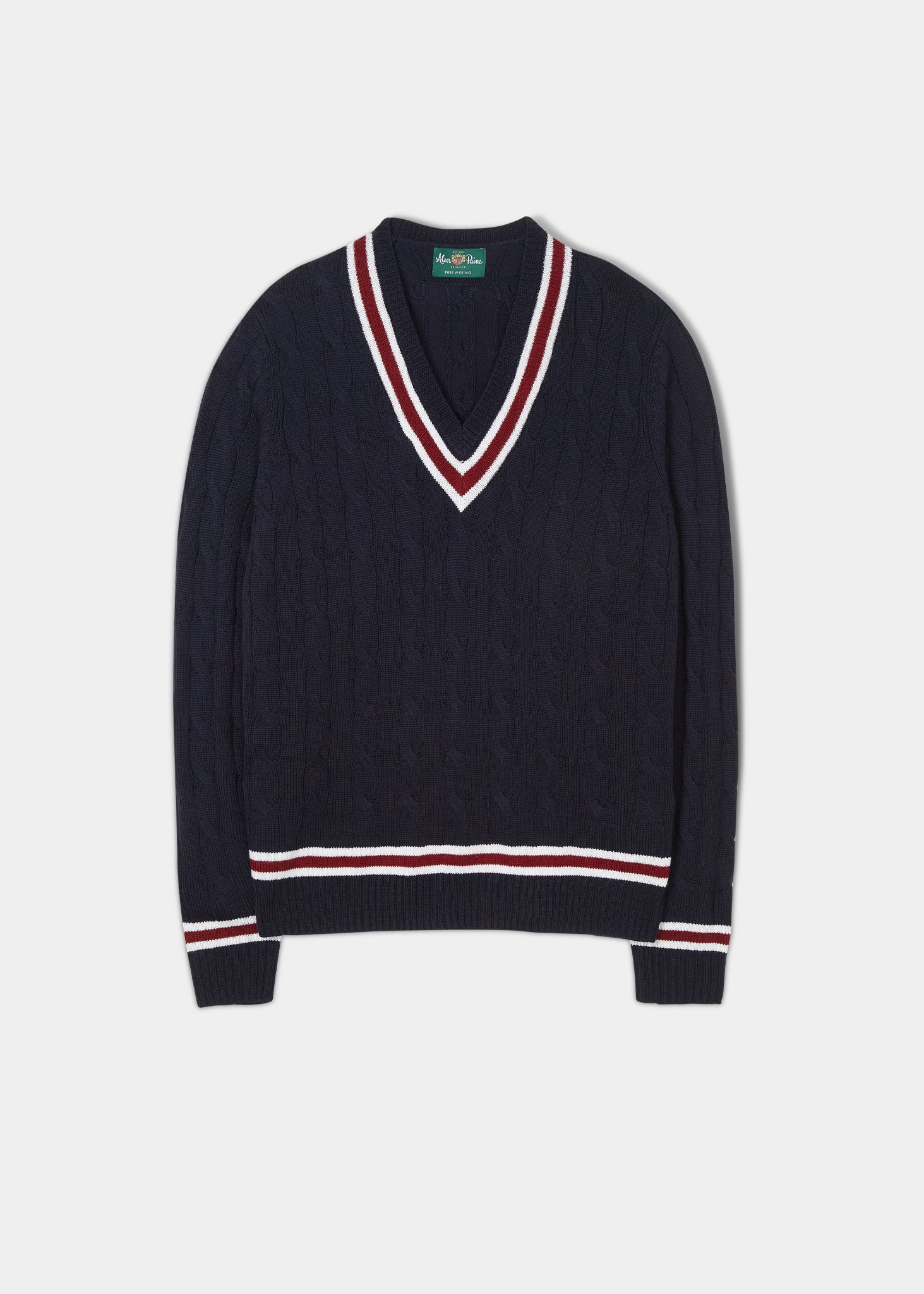 Men's Merino Wool Cable Cricket Jumpe in Dark Navy With Ecru And Bordeaux Trim