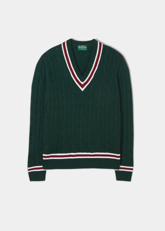 Men's Merino Wool Cable Cricket Jumper In Tartan Green With A Ecru And Bordeaux Trim