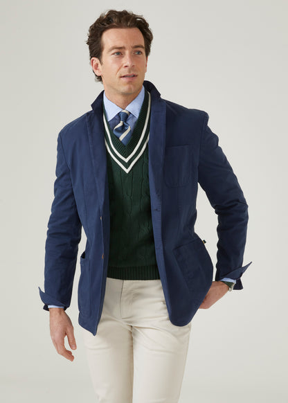 Navy blue men's blazer with 2 button fastening.