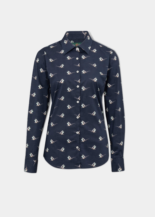 ladies-printed-cotton-country-shirt-navy-pheasant-design