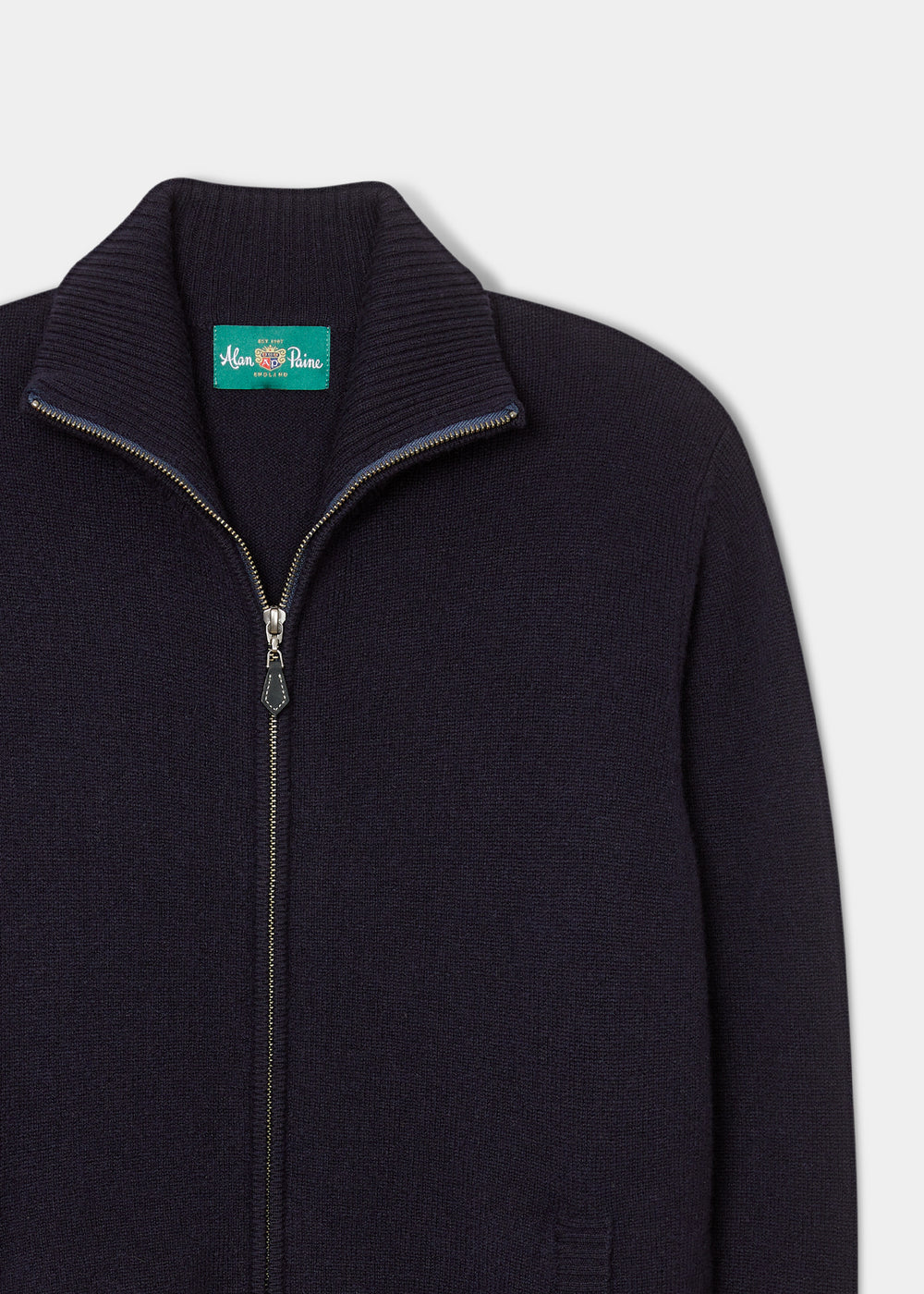 Ballater Navy lambswool zip mock neck jumper, regular fit, shown chest up on white background.