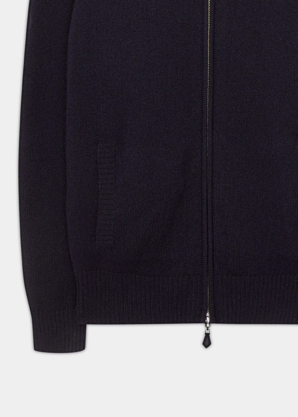 Ballater navy lambswool zip jumper with sporty mock neck and left side pocket—regular fit.