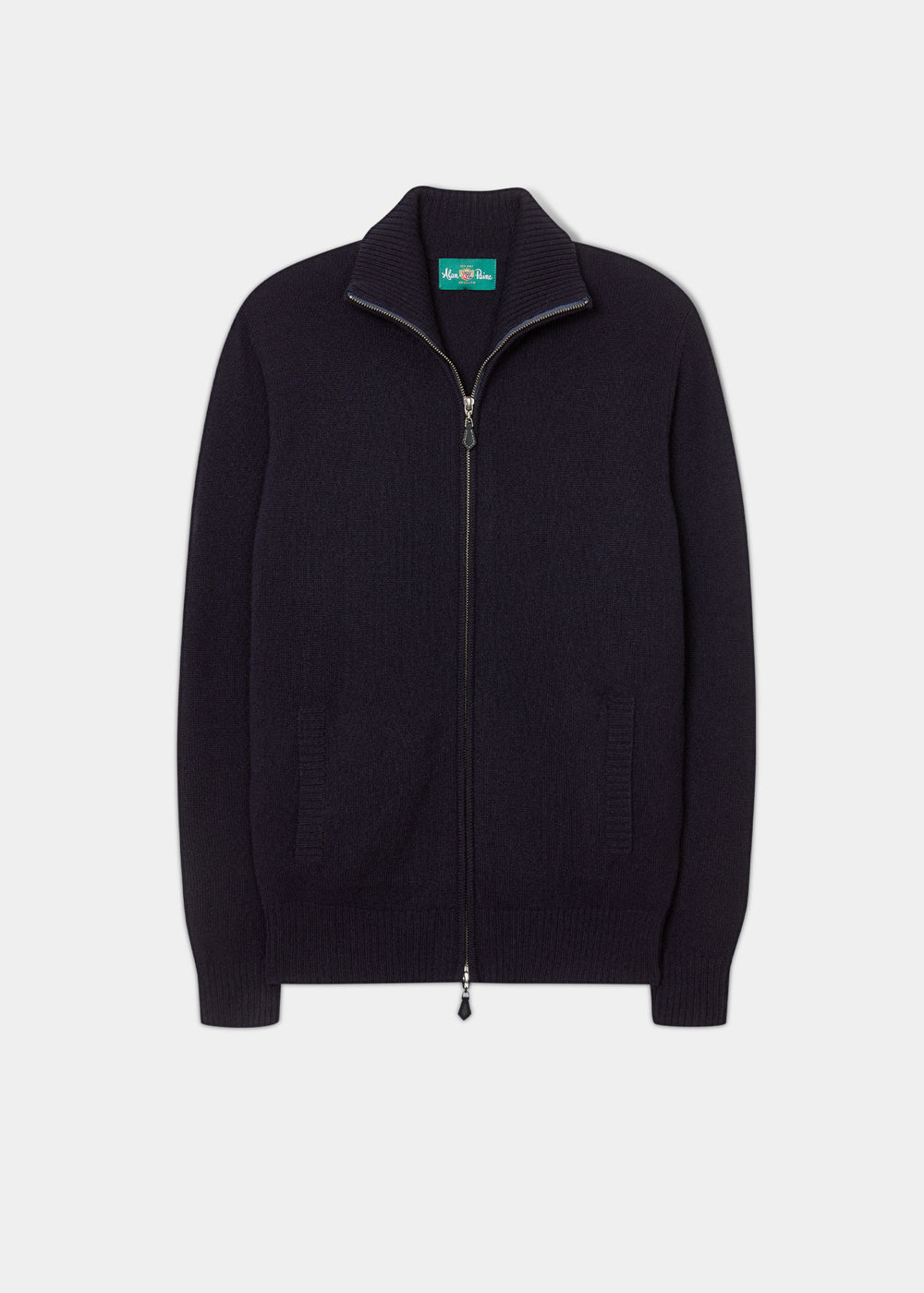 Ballater Lambswool Front Zip Mock Neck Jumper in Navy, regular fit, with ribbed cuffs, hem, and pockets.