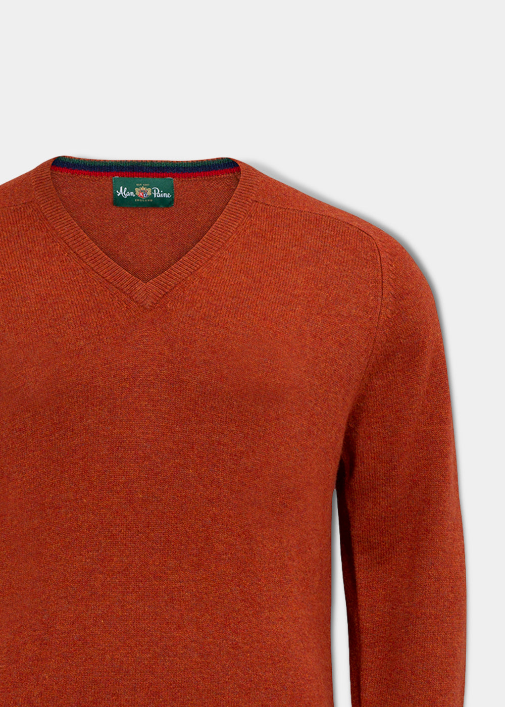 Streetly Lambswool V-Neck Jumper In Tiger: rust-colored long-sleeved V-neck with multicolored striped neckline detail.