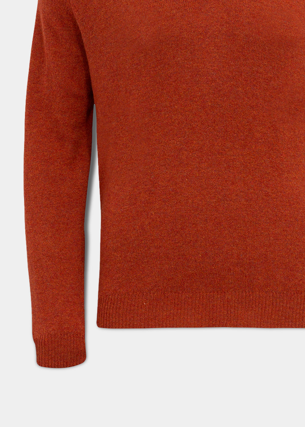 Close-up of a rust-orange Streetly Lambswool V-Neck Jumper In Tiger.