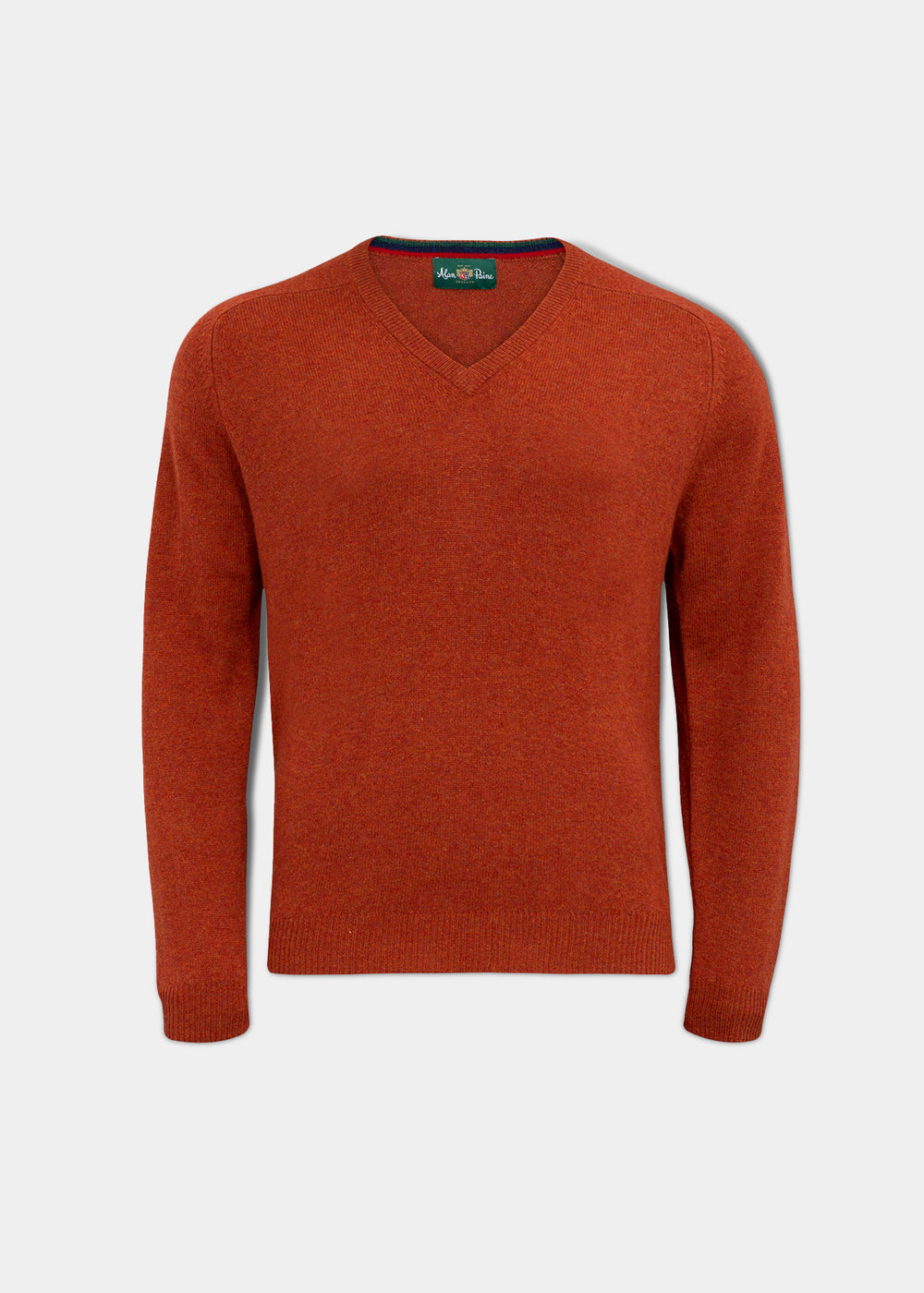 Streetly Lambswool V-Neck Jumper In Tiger: a burnt orange lambswool V-neck jumper with long sleeves.