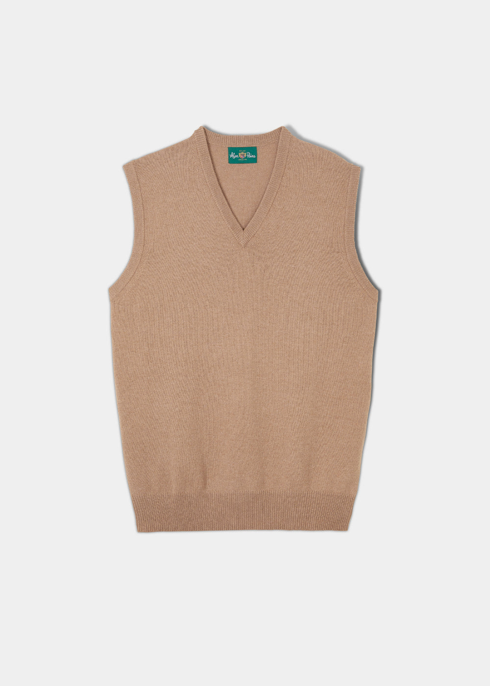 Norfolk Lambswool V-Neck Slipover In Camel, a tan V-neck sleeveless lambswool slipover.