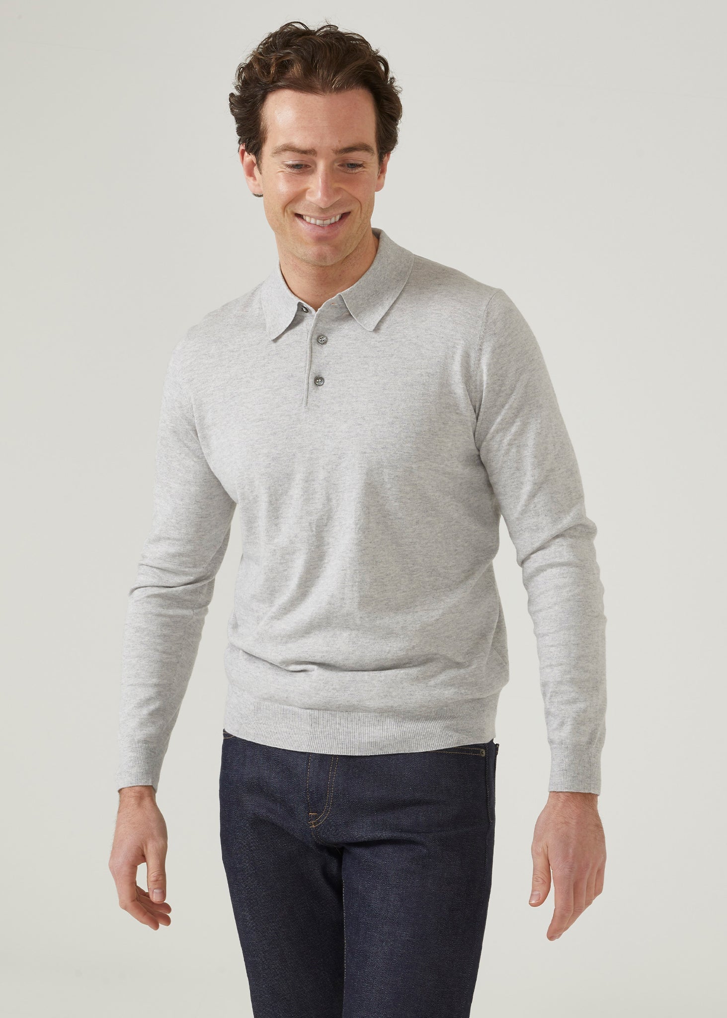Luxury Cotton Long Sleeve Polo Shirt In Dove Alan Paine
