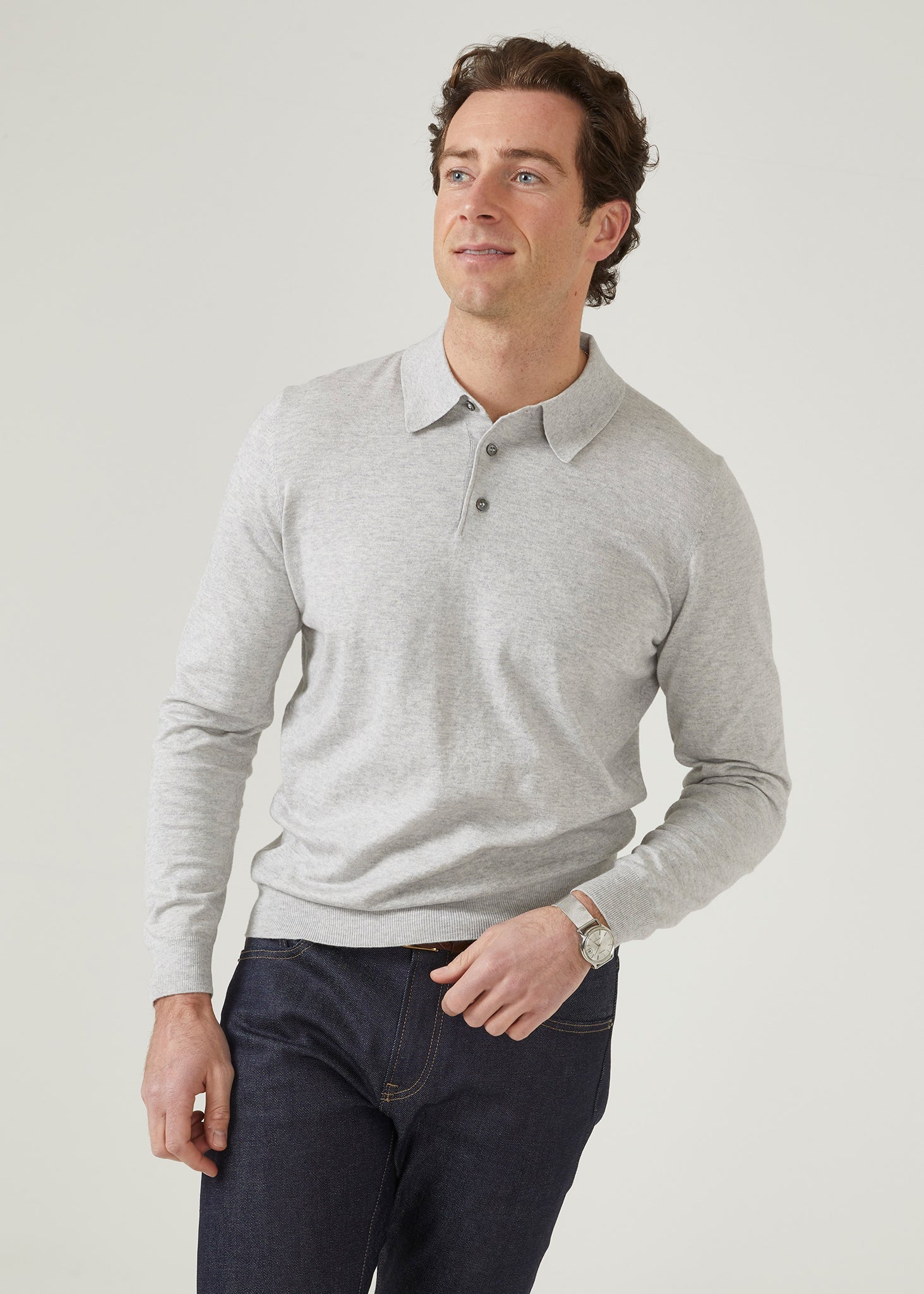 Luxury Cotton Long Sleeve Polo Shirt In Dove Alan Paine