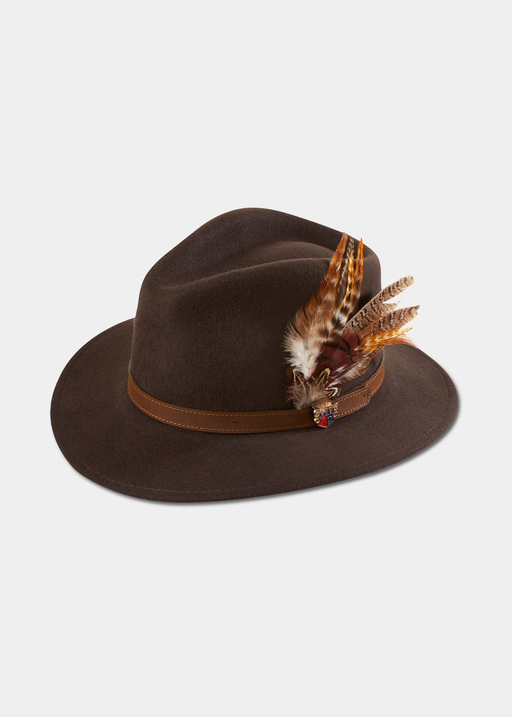Brown fedora felt hat with a leather decorative band and feather accent on the side