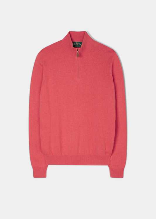 Mens cotton cashmere quarter zip jumper in flamingo