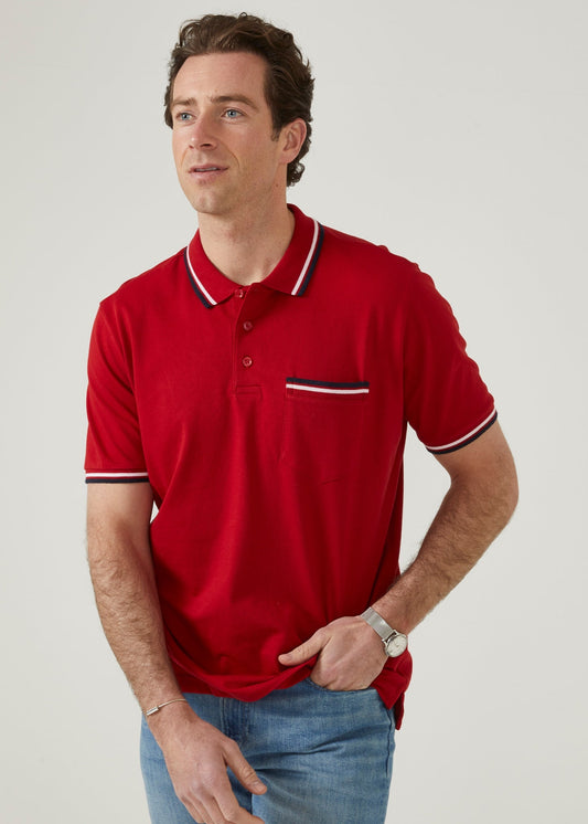 short sleeved cotton pique polo shirt with trim in rosso red.