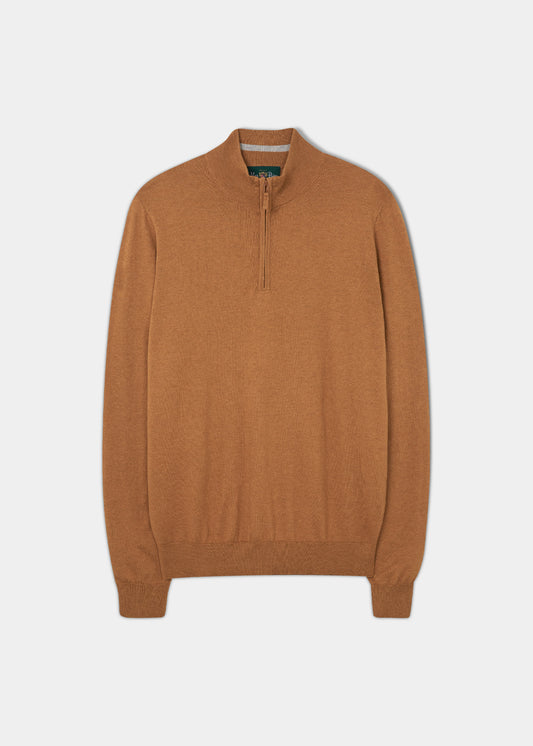 Stowbridge Luxury Cotton 1/4 Zip Jumper In Caramel