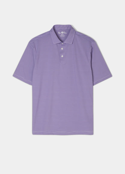 Polo shirt made from polyester with 3 button collar in plum with white stipes.