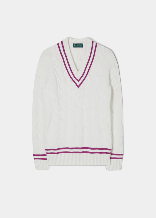 Ladies Vee Neck Cable Knit Cricket Jumper In Ecru and Orchid