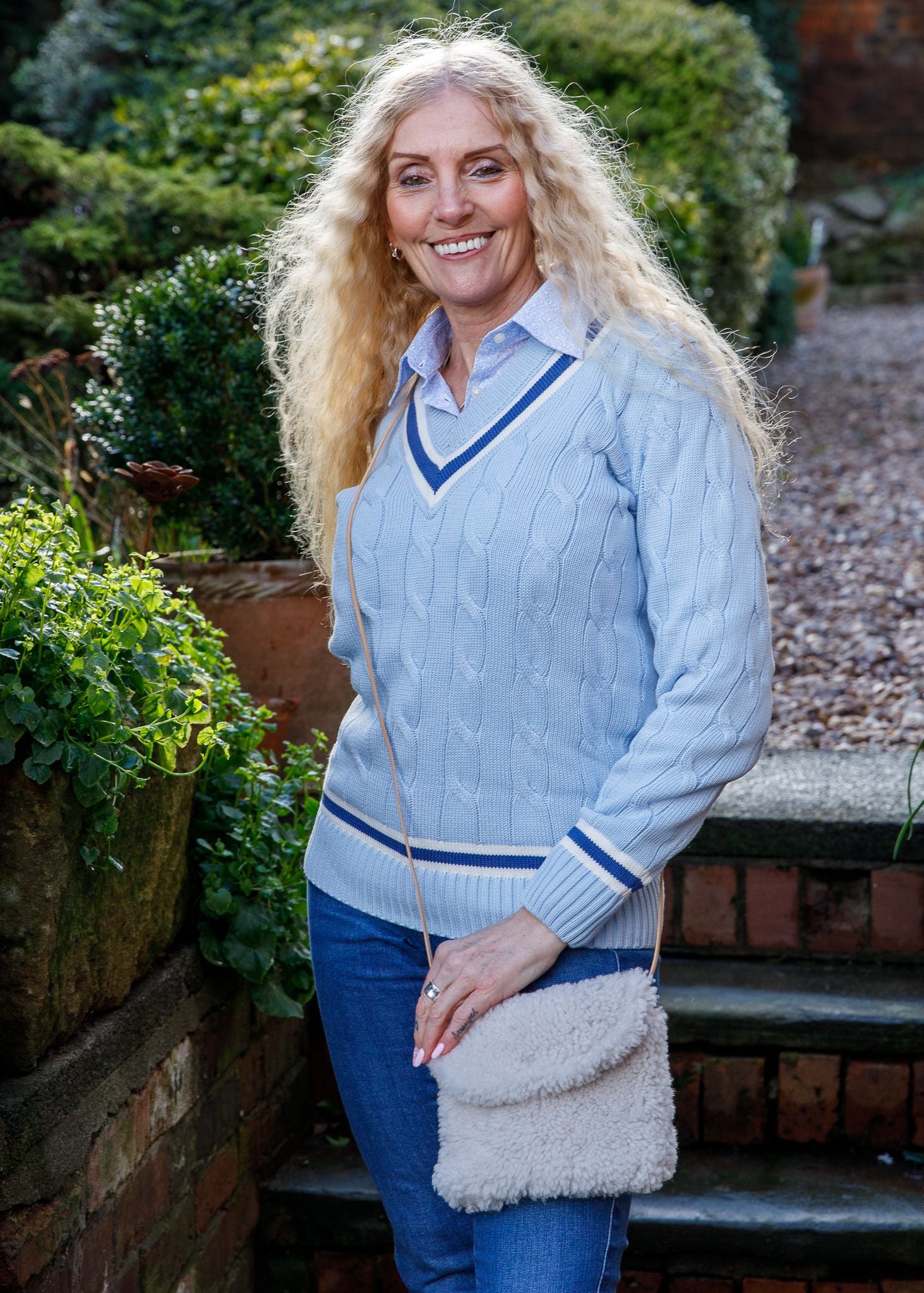 Ladies Vee Neck Cable Knit Cricket Jumper In Light Blue With French Navy Trim